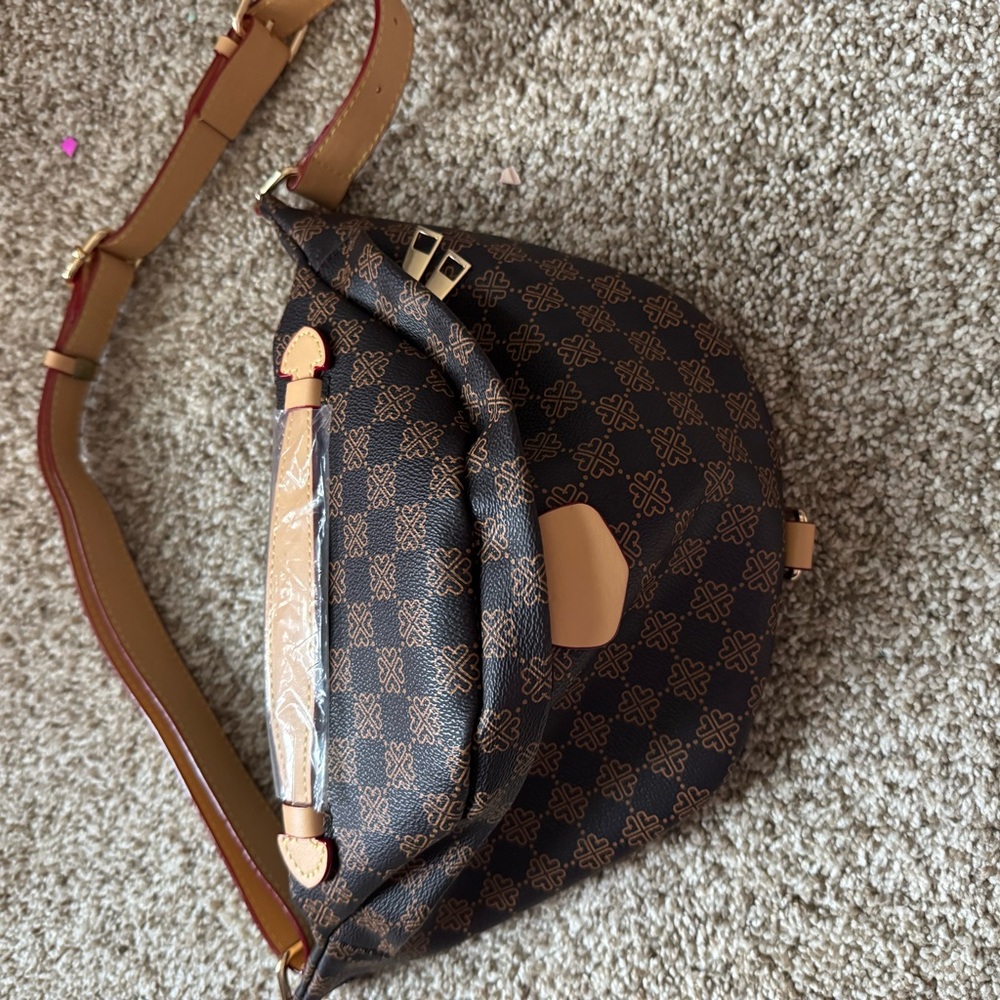 Brown Patterned Crossbody Saddle Bag with Tan Accents